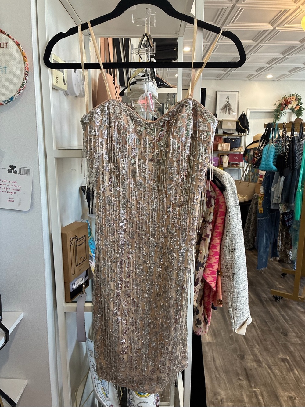 Cache Champagne Sequin Mini Dress with Silver dangle Accents